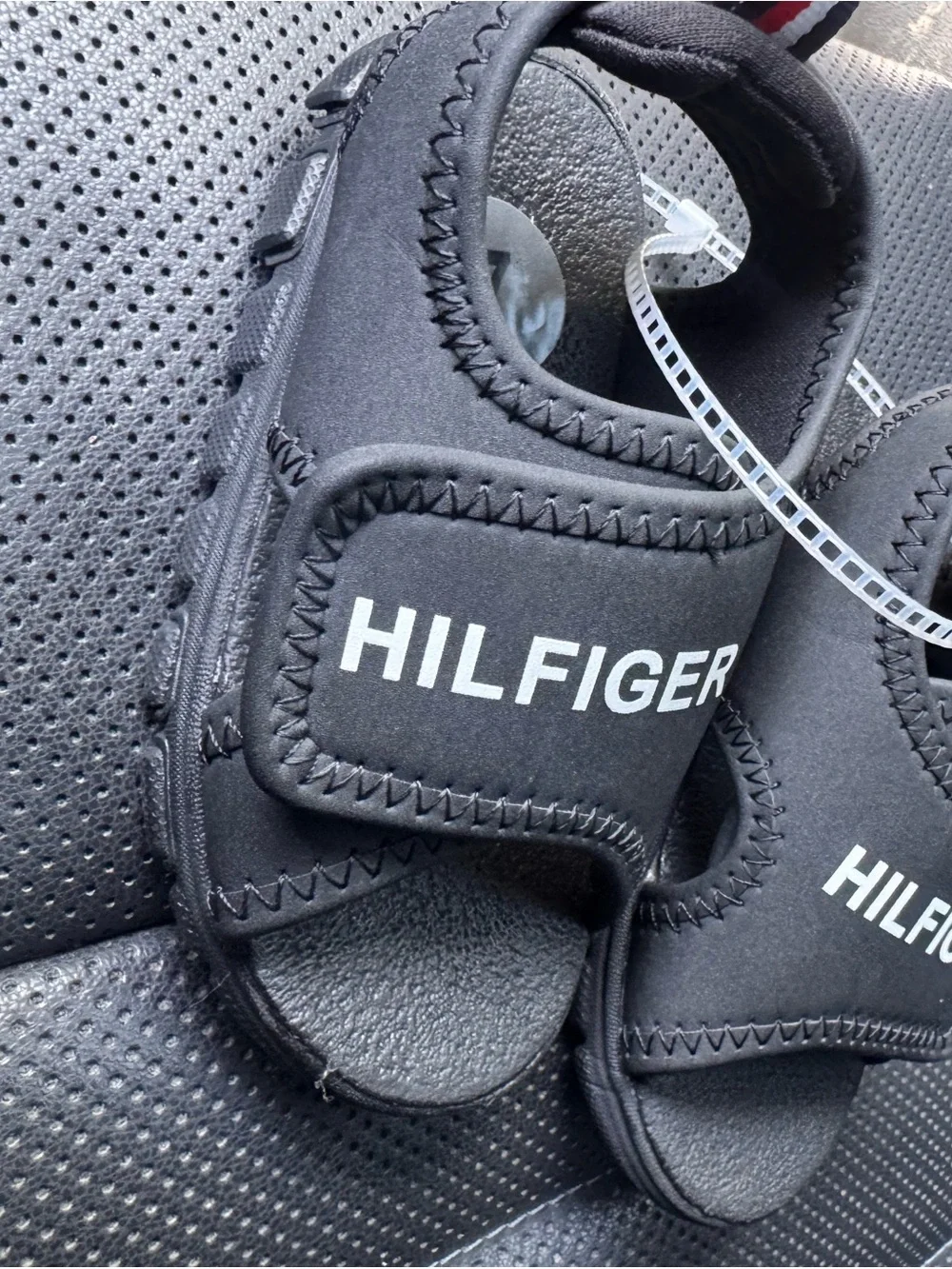 Tommy Hilfiger Black Sandals with White Logo and Red-White-Blue Heel Tab